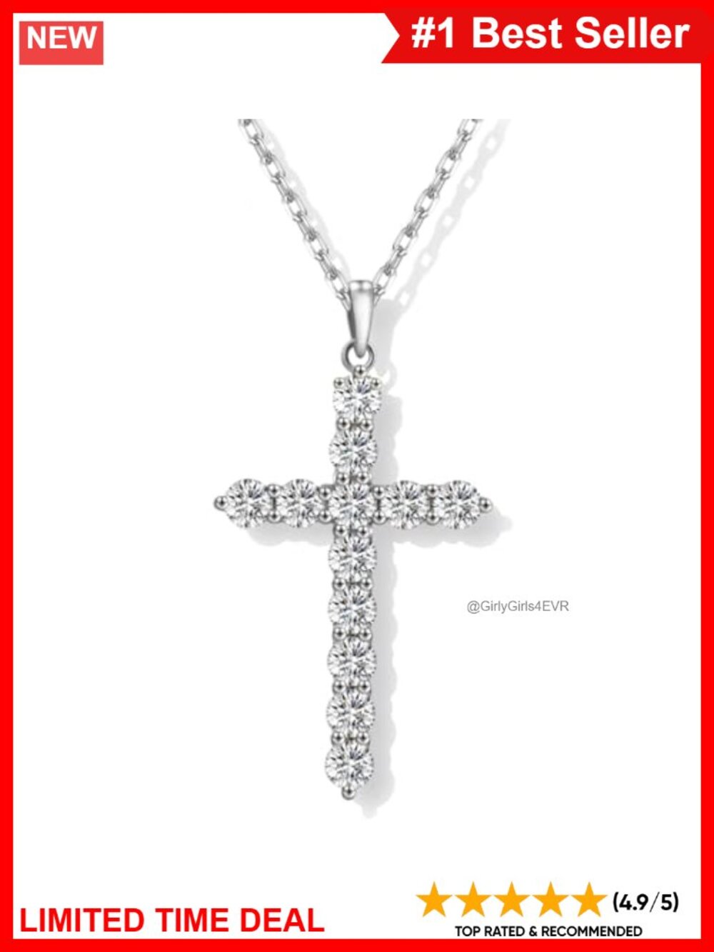 Moissanite Cross Necklace 18K White Gold Plated Sterling Silver 19.7"